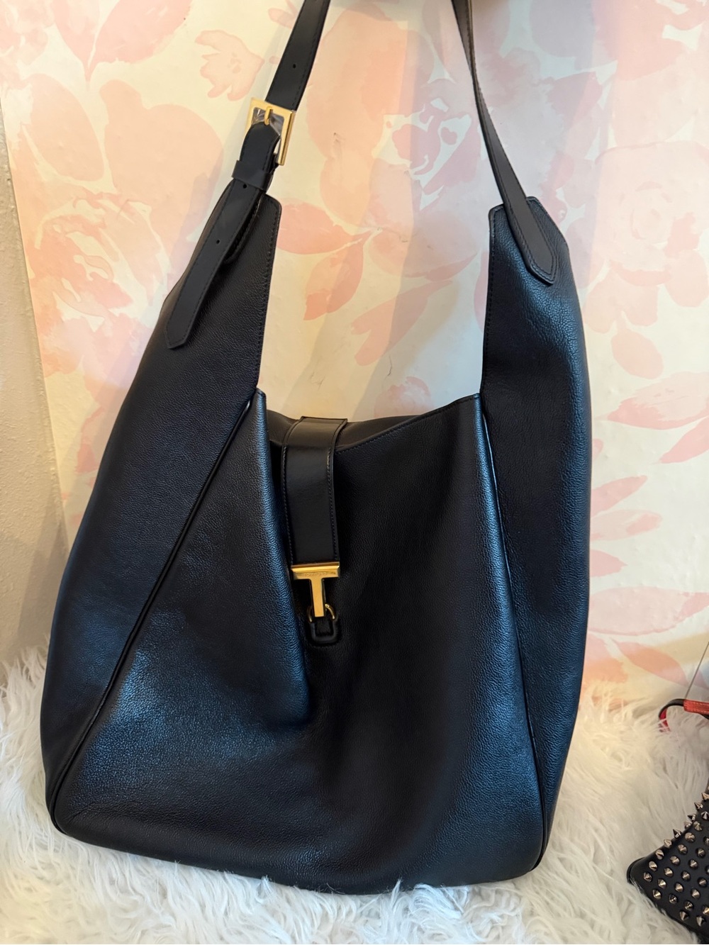 Tom Ford Black Leather Shoulder Bag with Gold “T” Accent